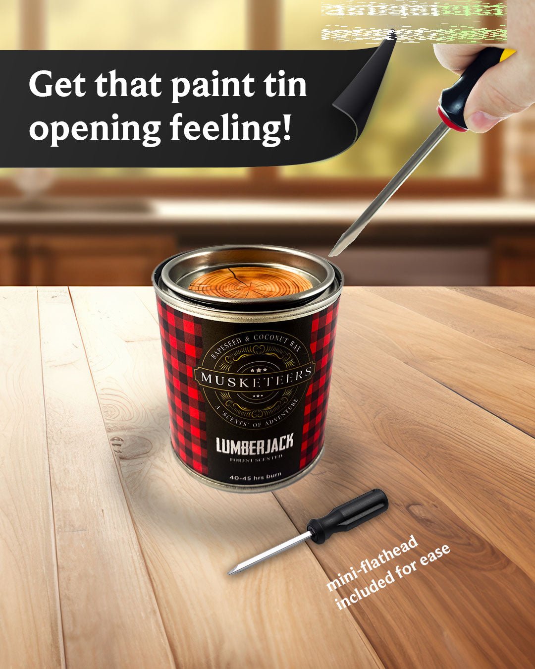 Musketeers Caramel Candle with a screwdriver placed next to the warm, caramel-colored candle on a wooden surface.