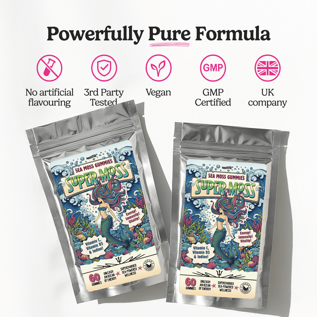 Innooova SuperMoss Sea Moss Gummies with apple flavor, 60 gummies, promoting energy, immunity, and vitality.