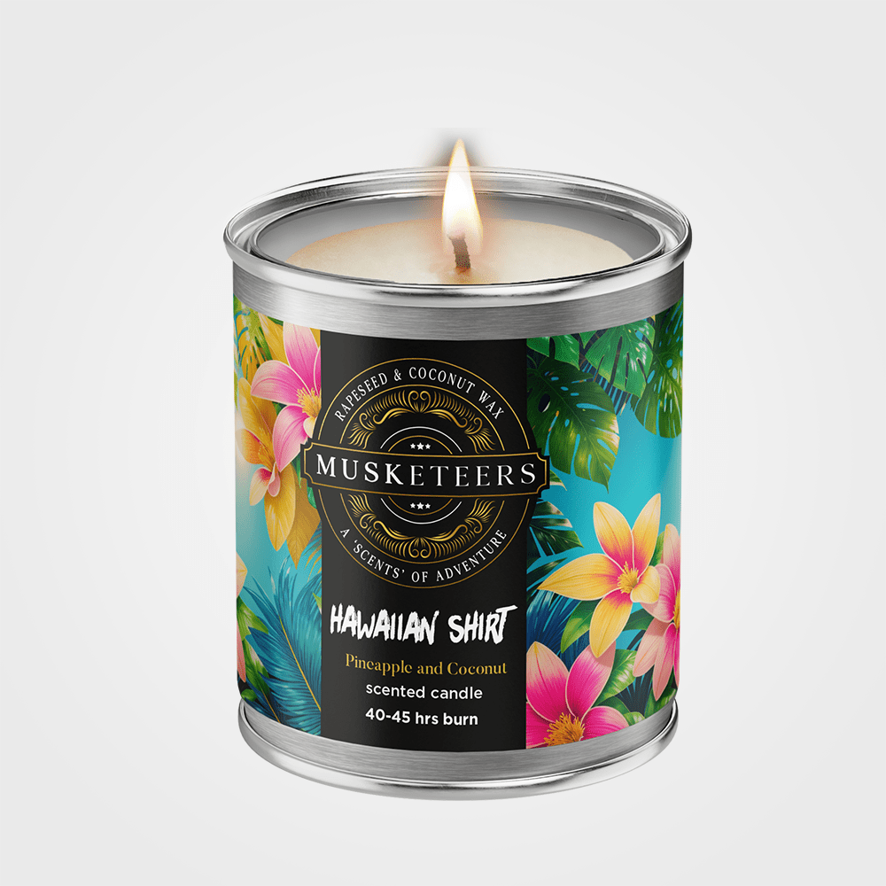 Musketeers Hawaiian candle with pineapple and coconut scent, tropical luxury scented candle in a decorative glass jar.