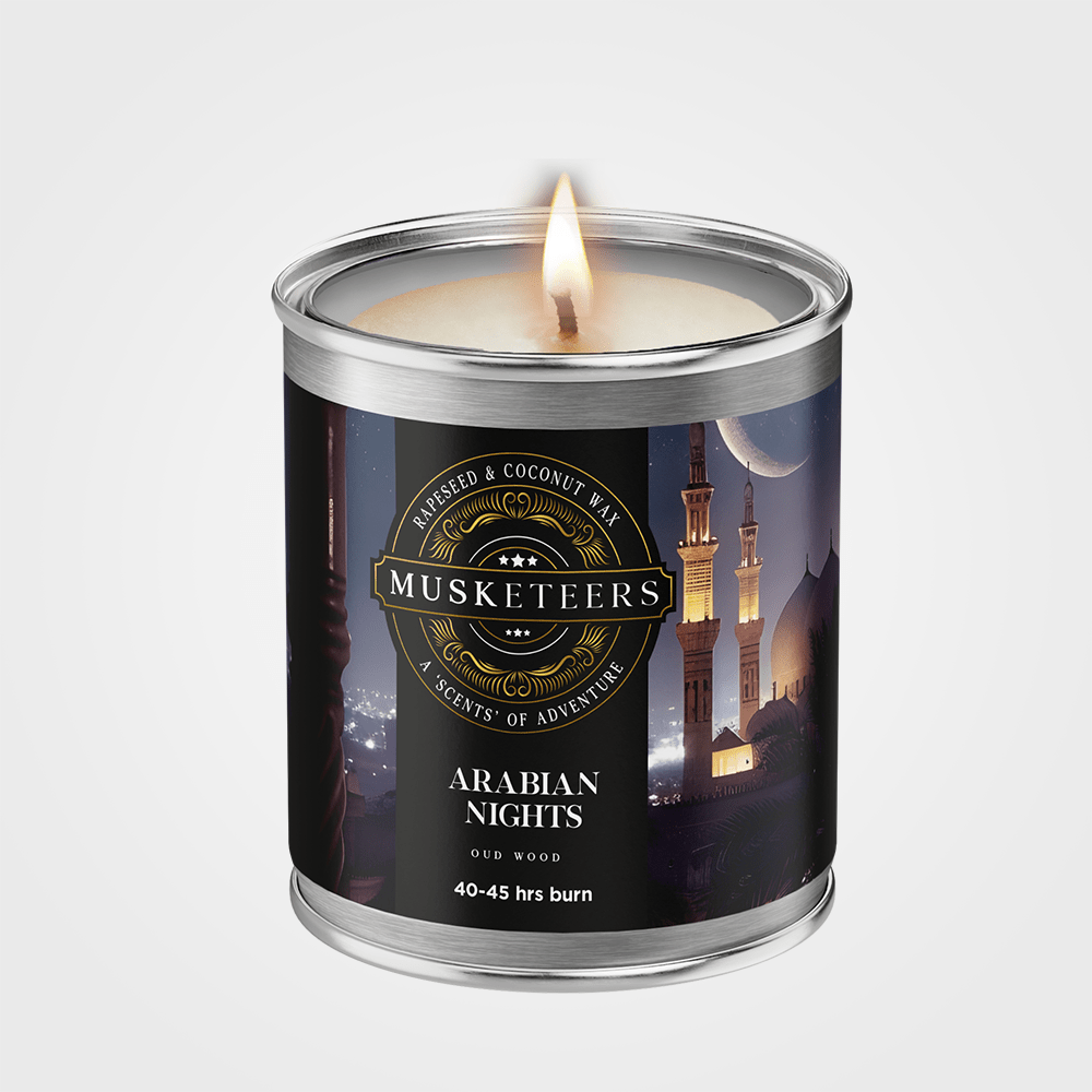 Arabian Nights Oud Candle by Musketeers, luxurious masculine candle with intricate design and warm amber glow.