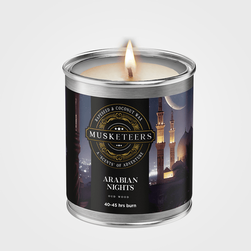 Arabian Nights Oud Candle by Musketeers, luxurious masculine candle with intricate design and warm amber glow.