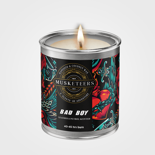 Musketeers Bad Boy Leather Candle featuring a petrol and leather scent, masculine man cave candle with a rugged design.