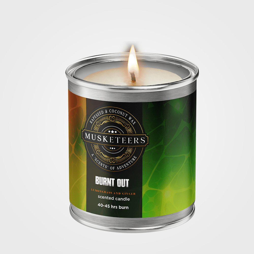 Musketeers Burnt Out Lemongrass and Ginger candle with a sleek glass container, emitting a fresh, spa-inspired aroma.