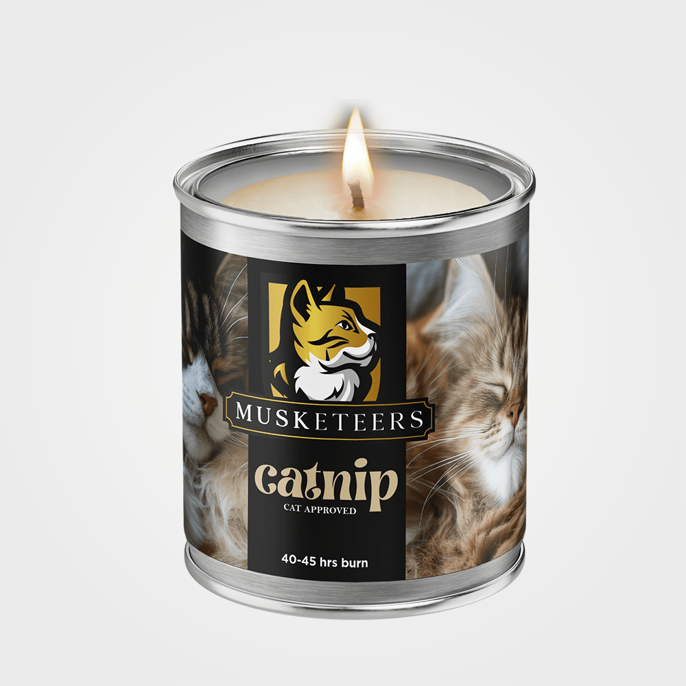Musketeers catnip candle for cats, 100% natural with pure catnip essential oil, soothing and calming for feline relaxation.