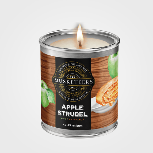 Apple Scented Candle by Musketeers featuring a cozy apple strudel bakery design, ideal for warm, inviting home decor.
