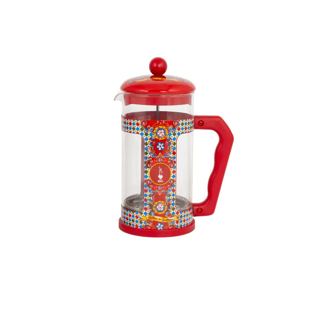 Bialetti Brew Italia Sicilian Cart 3-Cup cafetière with Dolce&Gabbana design, featuring colorful Sicilian-inspired artwork.