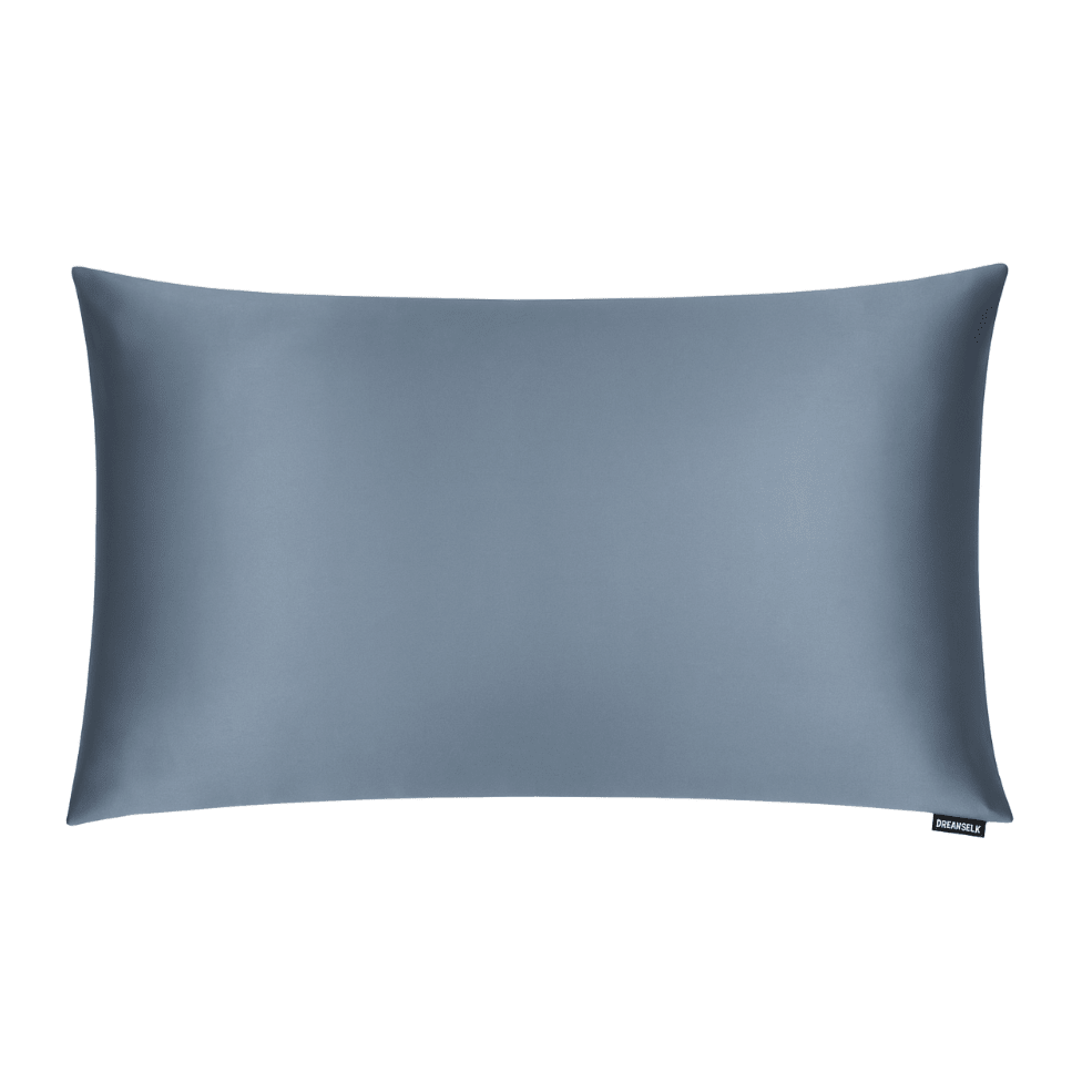 DreamSilk Mystique Blue silk pillowcase, standard size, smooth and shiny silk fabric with subtle sheen and elegant design.