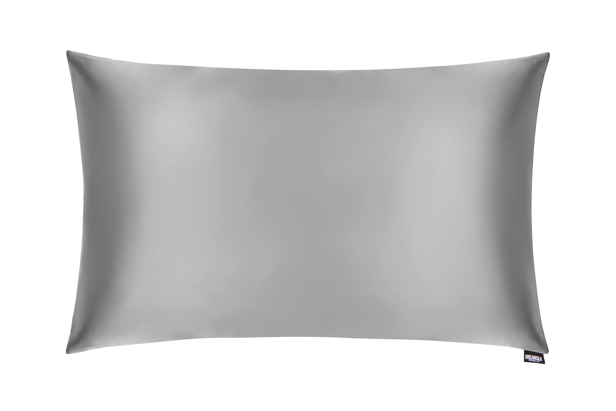 Silver silk pillowcase from DREAMSILK, showcasing smooth, luxurious silk fabric and elegant design.