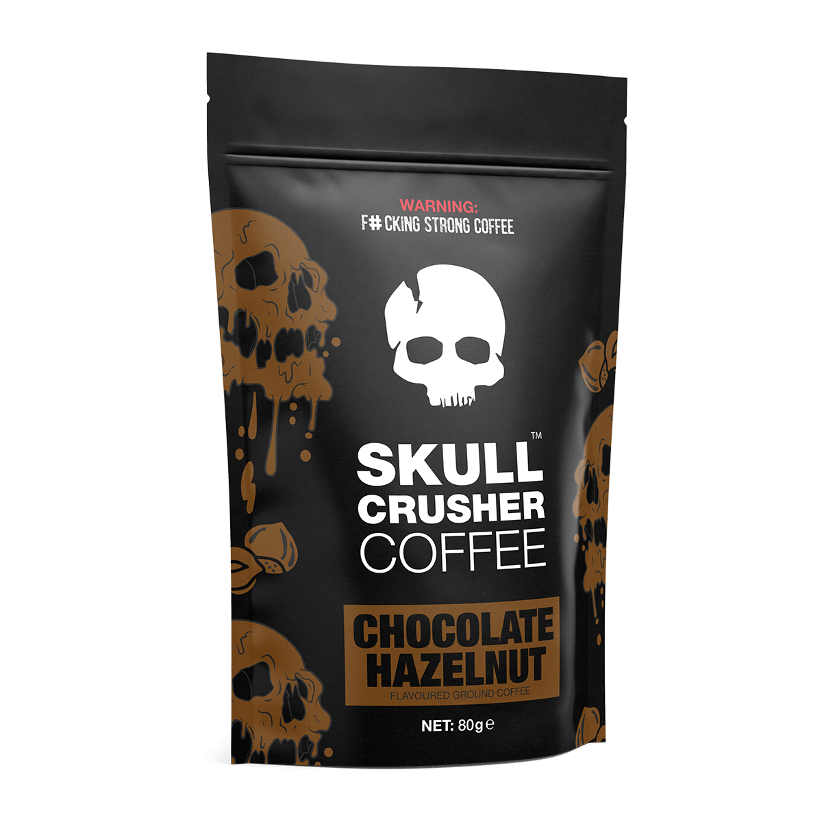 Skull Crusher Coffee Chocolate Hazelnut ground coffee in 80g package, featuring a dark chocolate and hazelnut flavor.