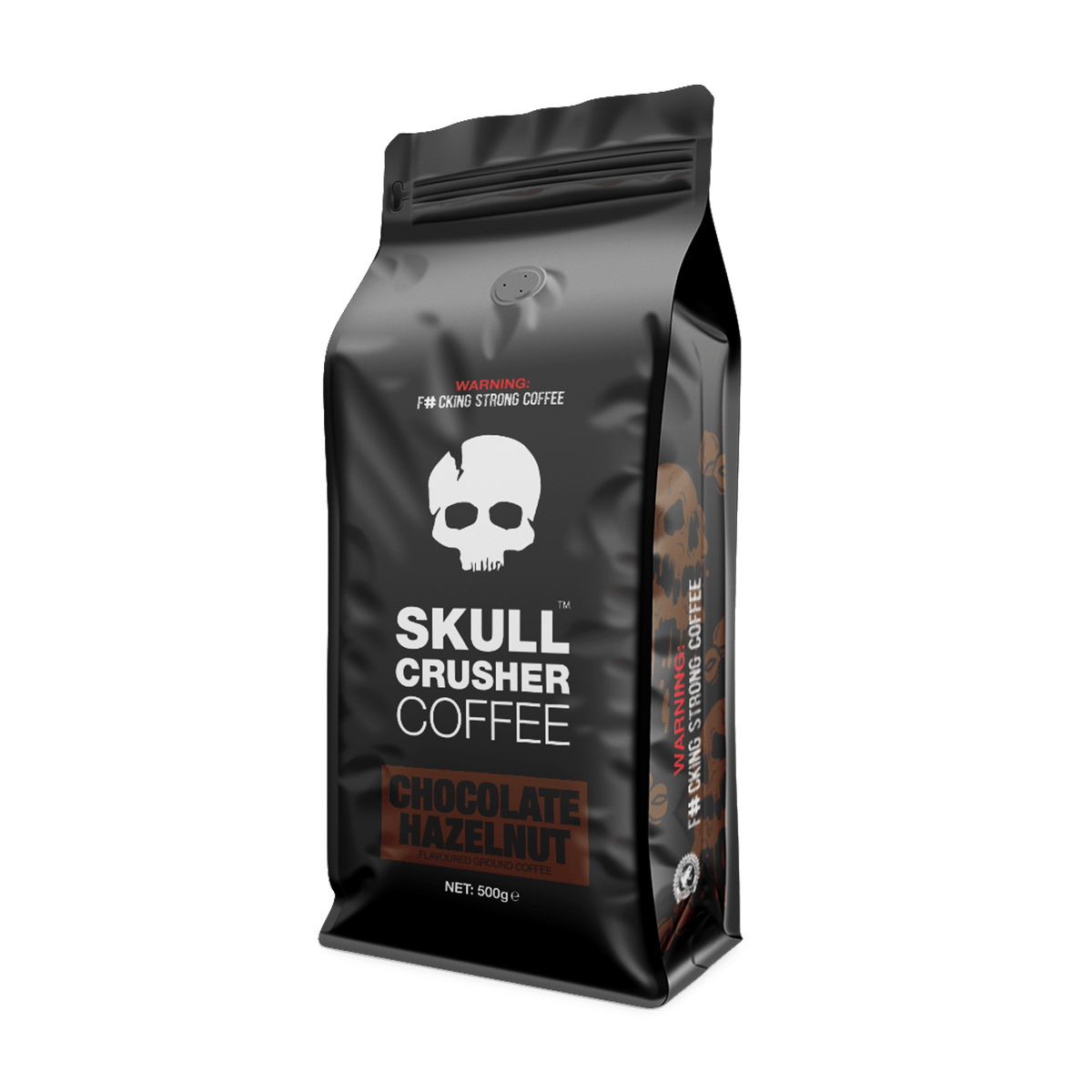 Ground Skull Crusher Coffee with chocolate hazelnut flavor in 500g bag, showcasing the packaging and rich coffee beans.