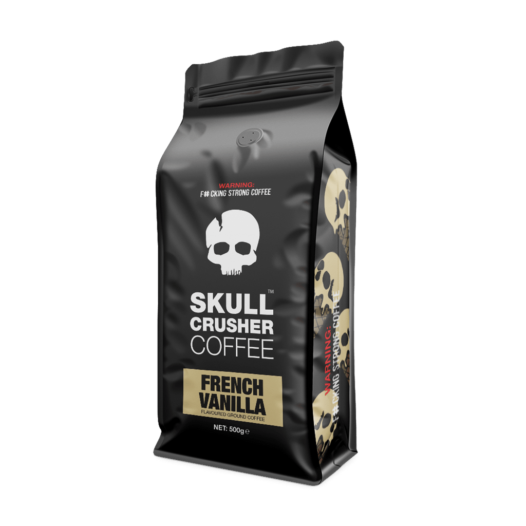Ground Skull Crusher Coffee French Vanilla flavor in a 500g bag, showcasing the packaging with a vanilla bean illustration.
