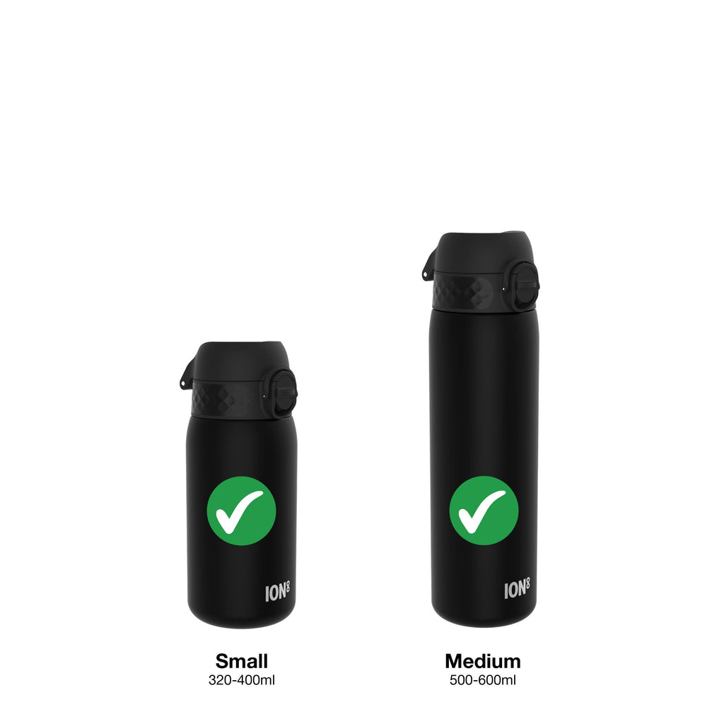 Black leak-proof water bottle replacement lid for small and medium ION8 bottles, designed for secure, spill-resistant hydration.