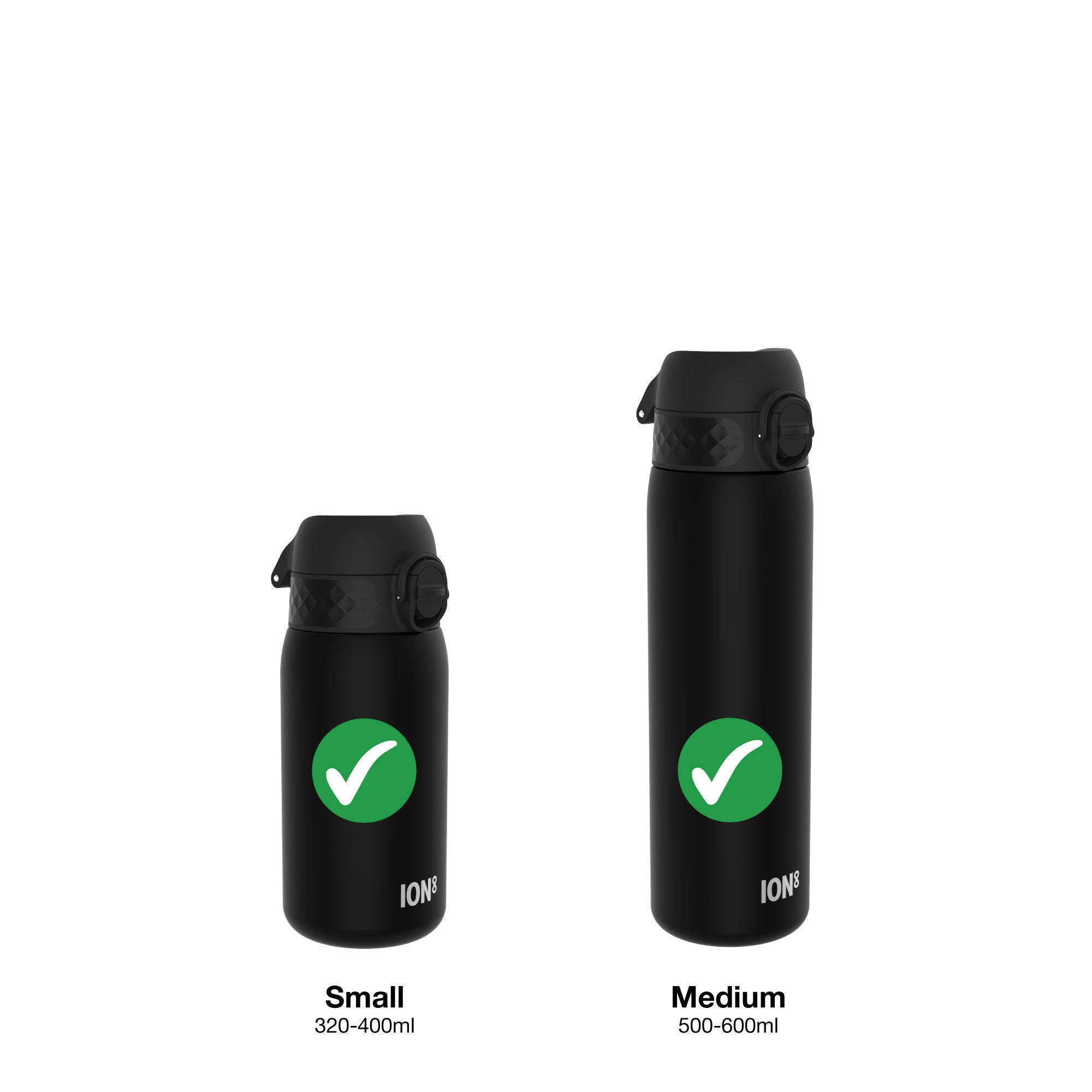 Black leak-proof water bottle replacement lid for small and medium ION8 bottles, designed for secure, spill-resistant hydration.