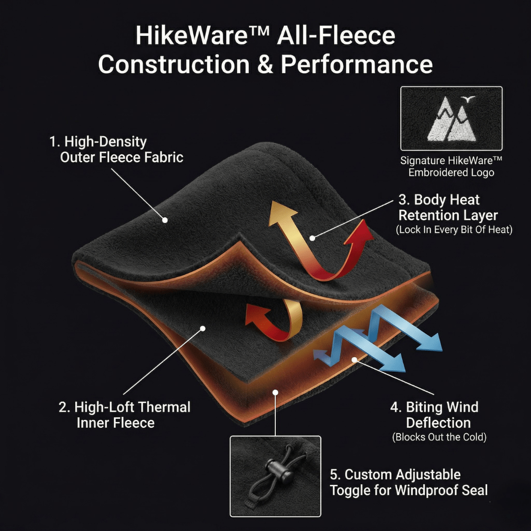 HikeWare adjustable thermal fleece snood showing windproof neck warmer and face mask design in an infographic style.
