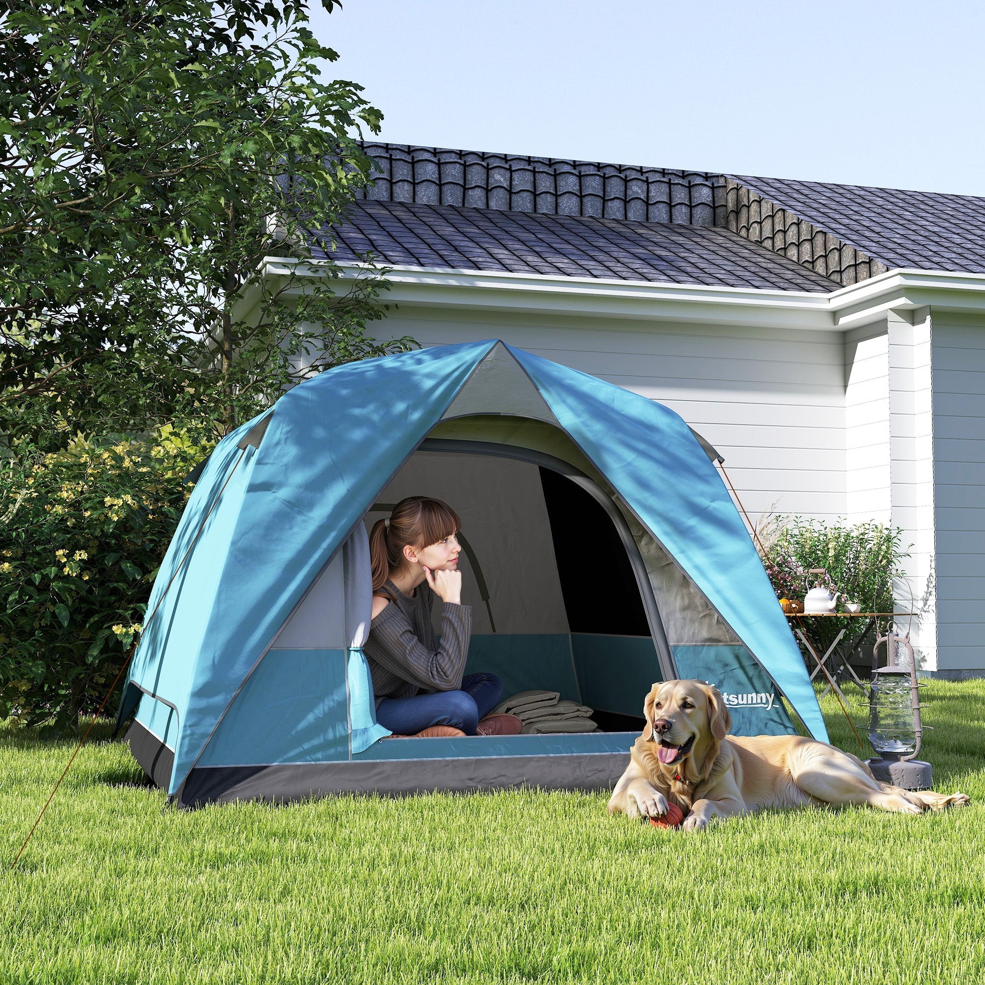Outsunny 3-4 Person Camping Tent, Easy Set Up Waterproof Dome Tent with Sewn-in Groundsheet, Mesh Windows, Pocket and Hook for Camping, Hiking, Backpacking, Navy Blue and Light Blue