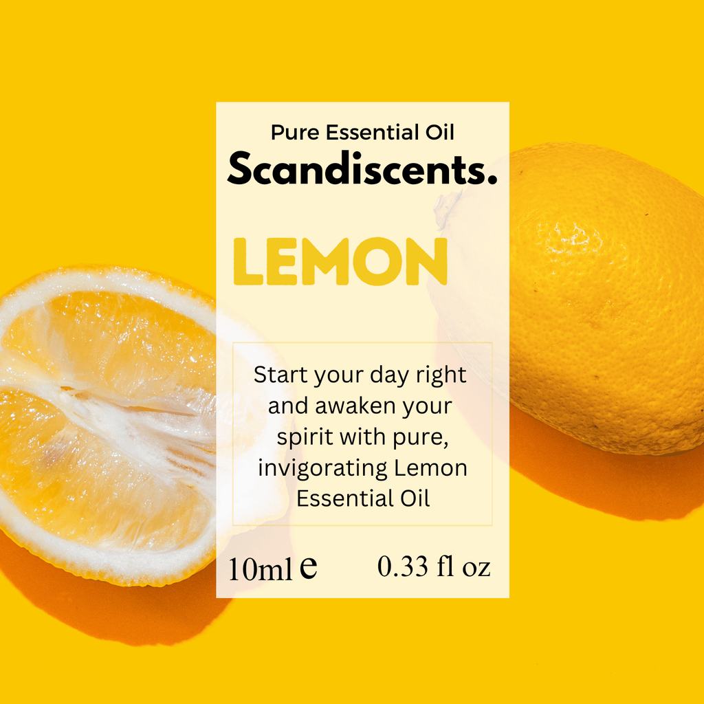 Scandiscents Lemon Essential Oil bottle, showcasing a clear glass container with a yellow lemon design for energy and freshness.
