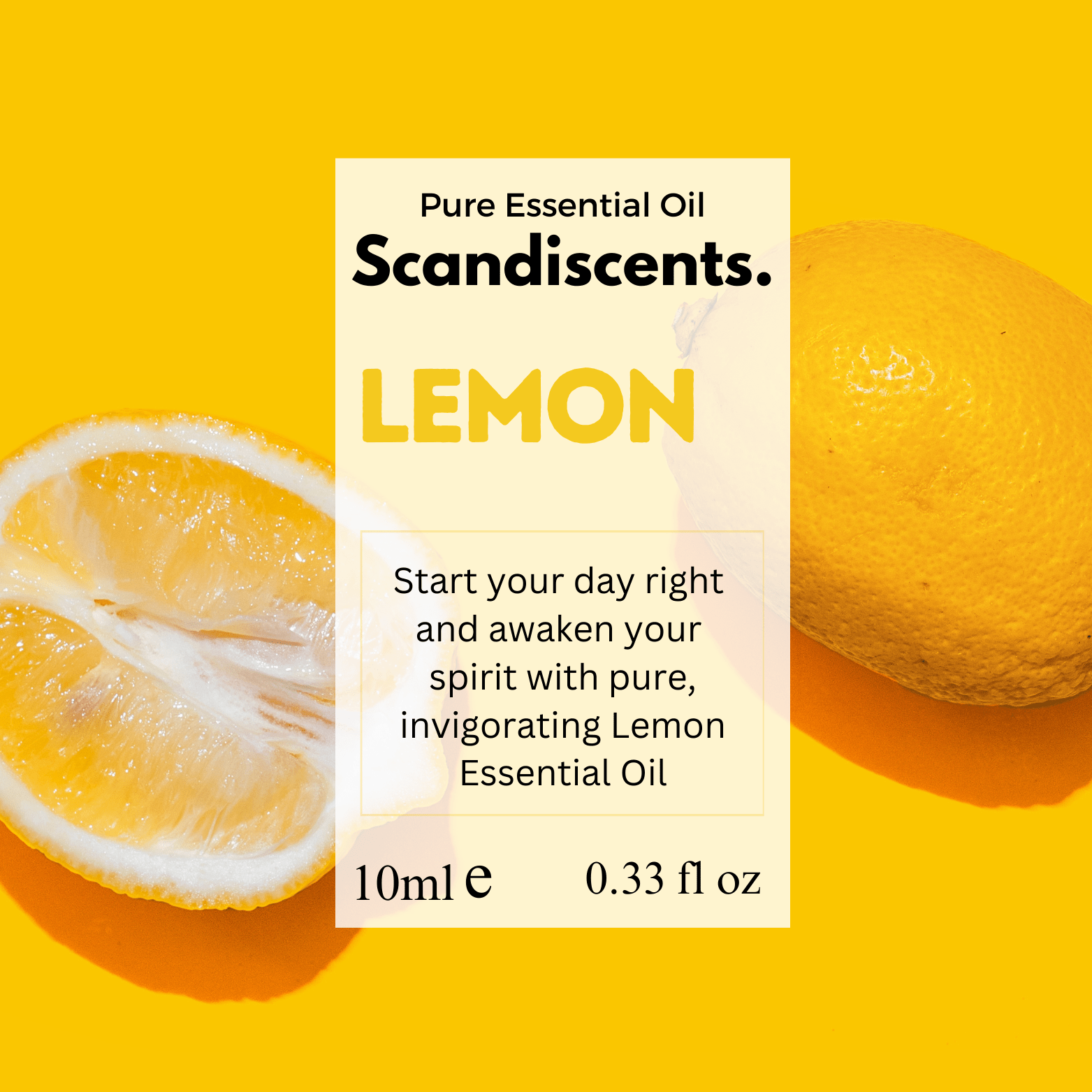 Scandiscents Lemon Essential Oil bottle, showcasing a clear glass container with a yellow lemon design for energy and freshness.