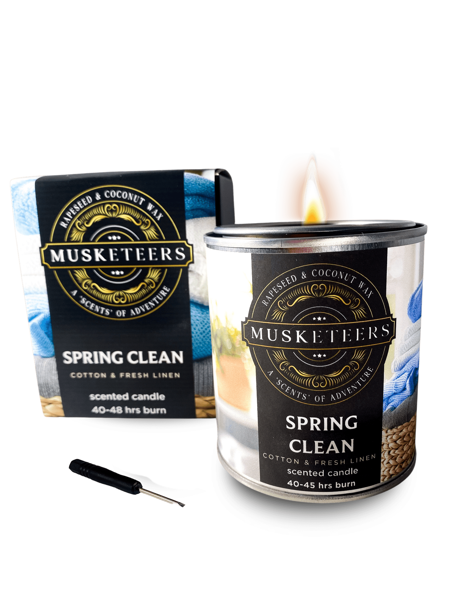 Musketeers Spring Clean Candle with cotton and fresh linen scent, showing the candle in a white container with a clean, minimalist design.