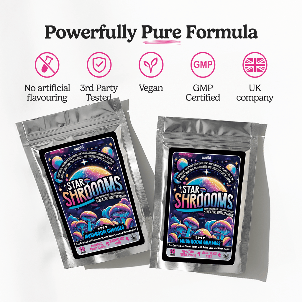Innooova StarShroooms Trial Pack with 10 mushroom supplements in colorful capsules arranged on a white background