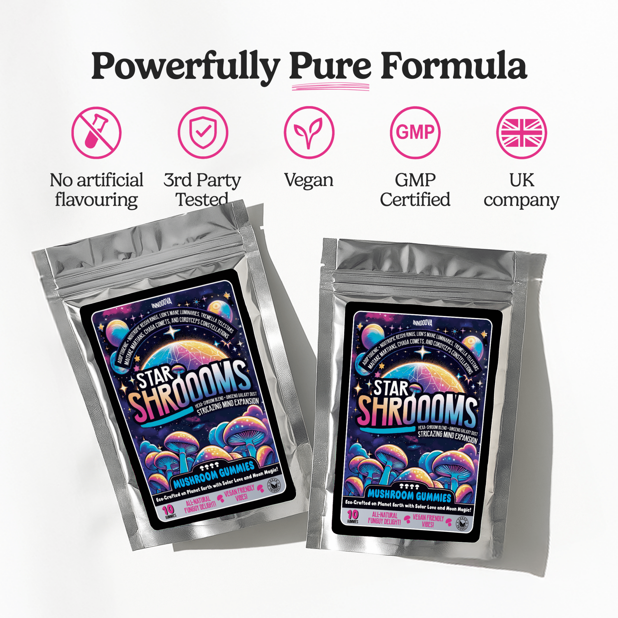 Innooova StarShroooms Trial Pack with 10 mushroom supplements in colorful capsules arranged on a white background