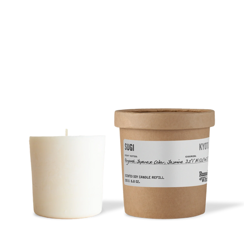 Russell + White Sugi scented soy candle refill in a 250g container, showcasing the soy wax and refill packaging.