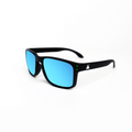 HikeWare UV400 polarized sunglasses with blue frames, showcasing their stylish design and reflective lenses.