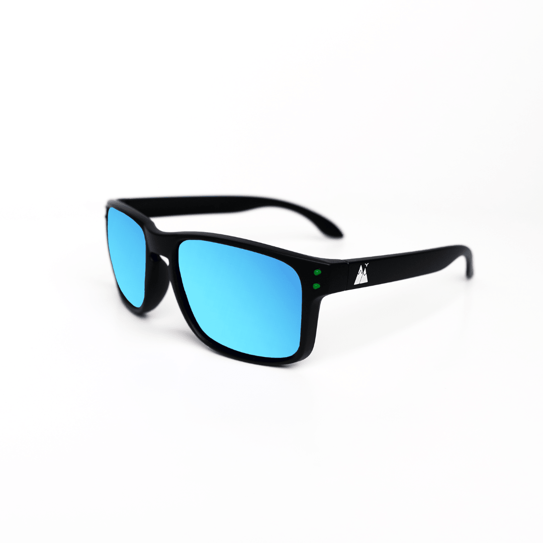 HikeWare UV400 polarized sunglasses with blue frames, showcasing their stylish design and reflective lenses.
