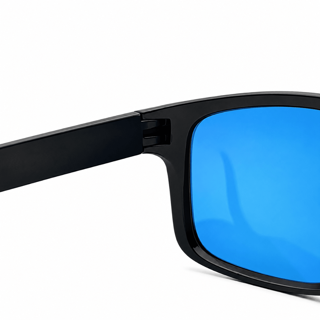 HikeWare UV400 polarized sunglasses with blue frames and hinge, designed for outdoor hiking and sun protection.