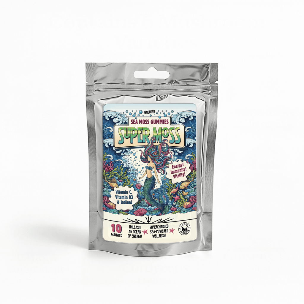Innooova SuperMoss Sea Moss Gummies trial pack with 10 apple-flavored gummies for energy, immunity, and vitality.
