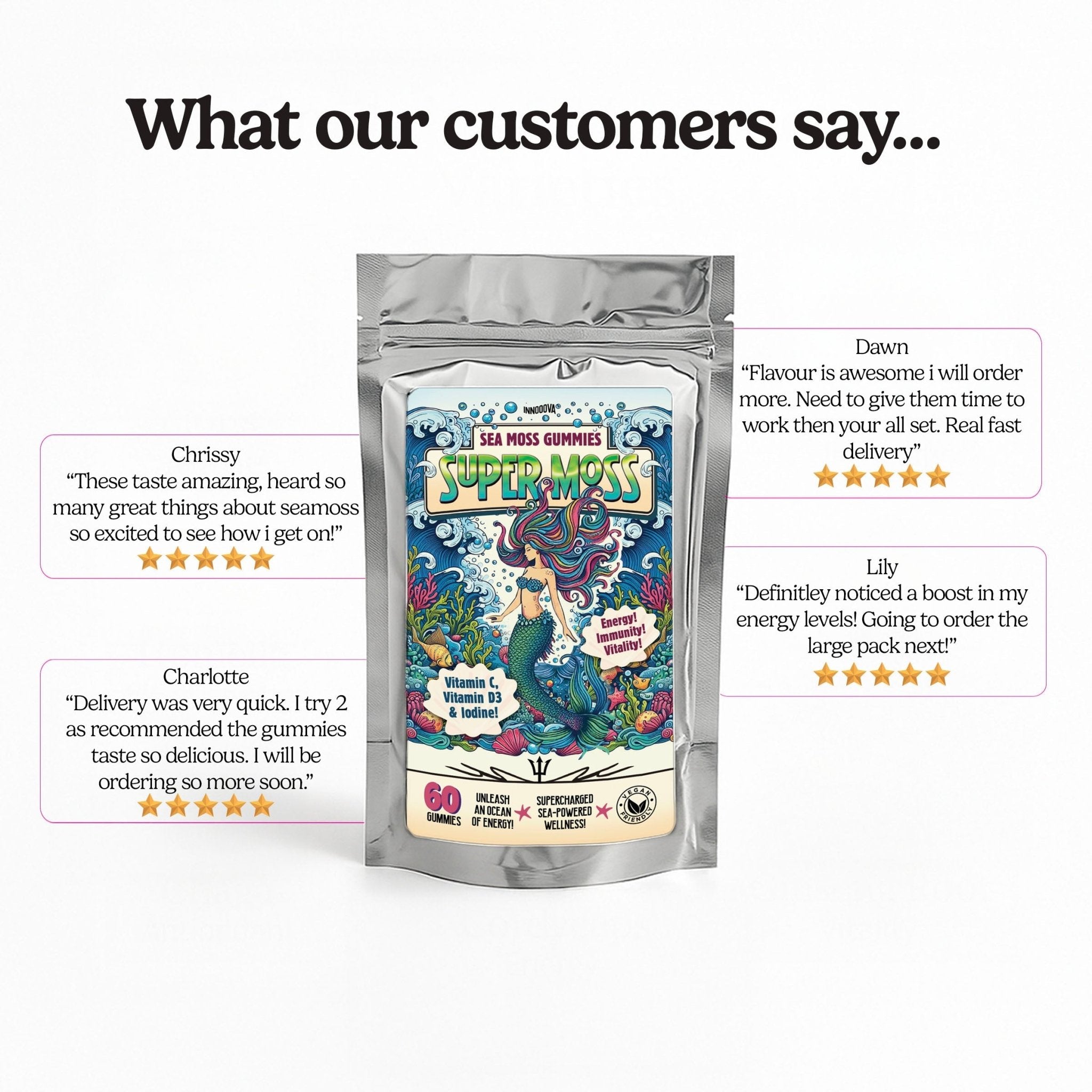 SuperMoss Triple Pack from Innooova with reviews, showing moss products in clear packaging and close-up details.