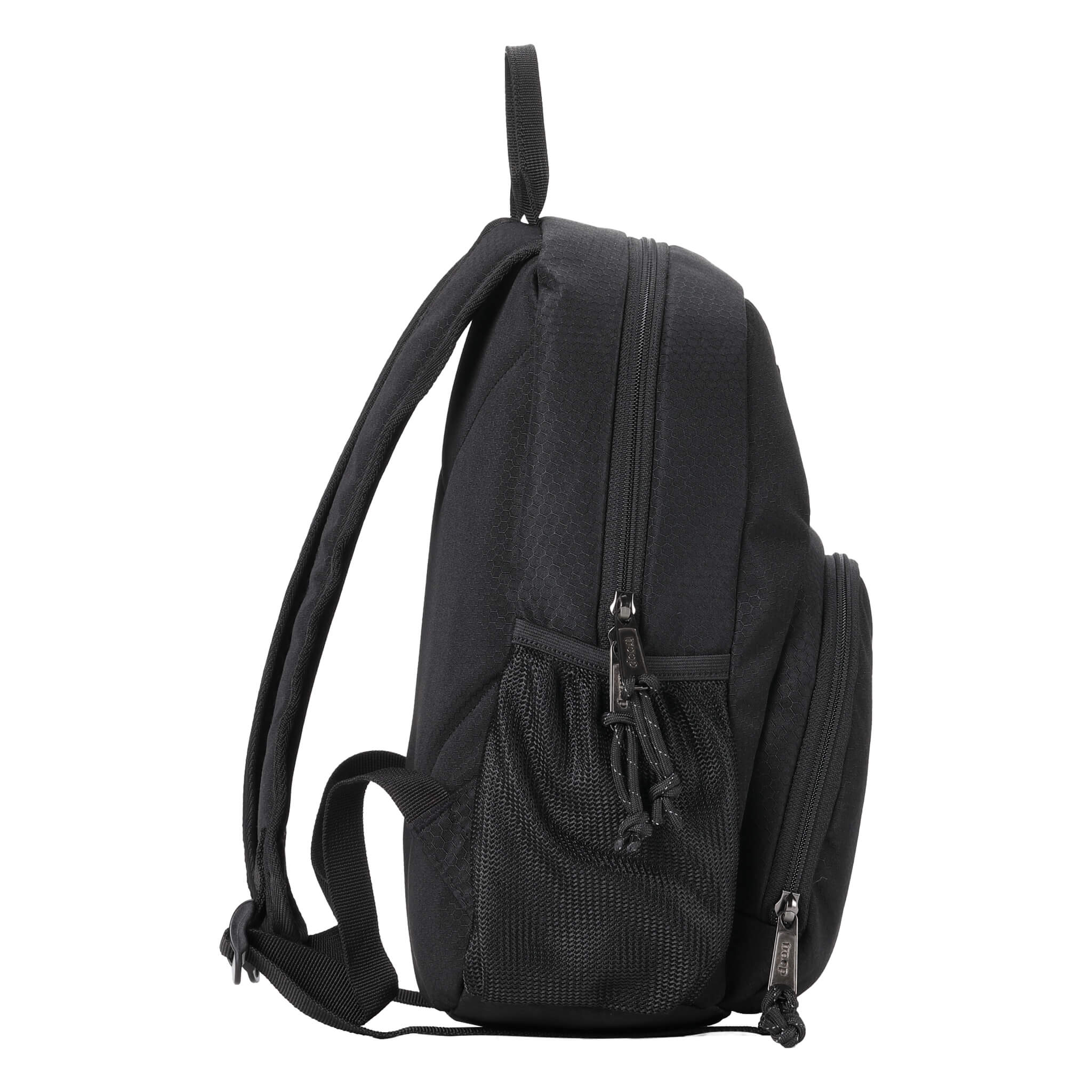 Small black Troop London TB008 backpack with adjustable straps and multiple compartments, shown from the side view.