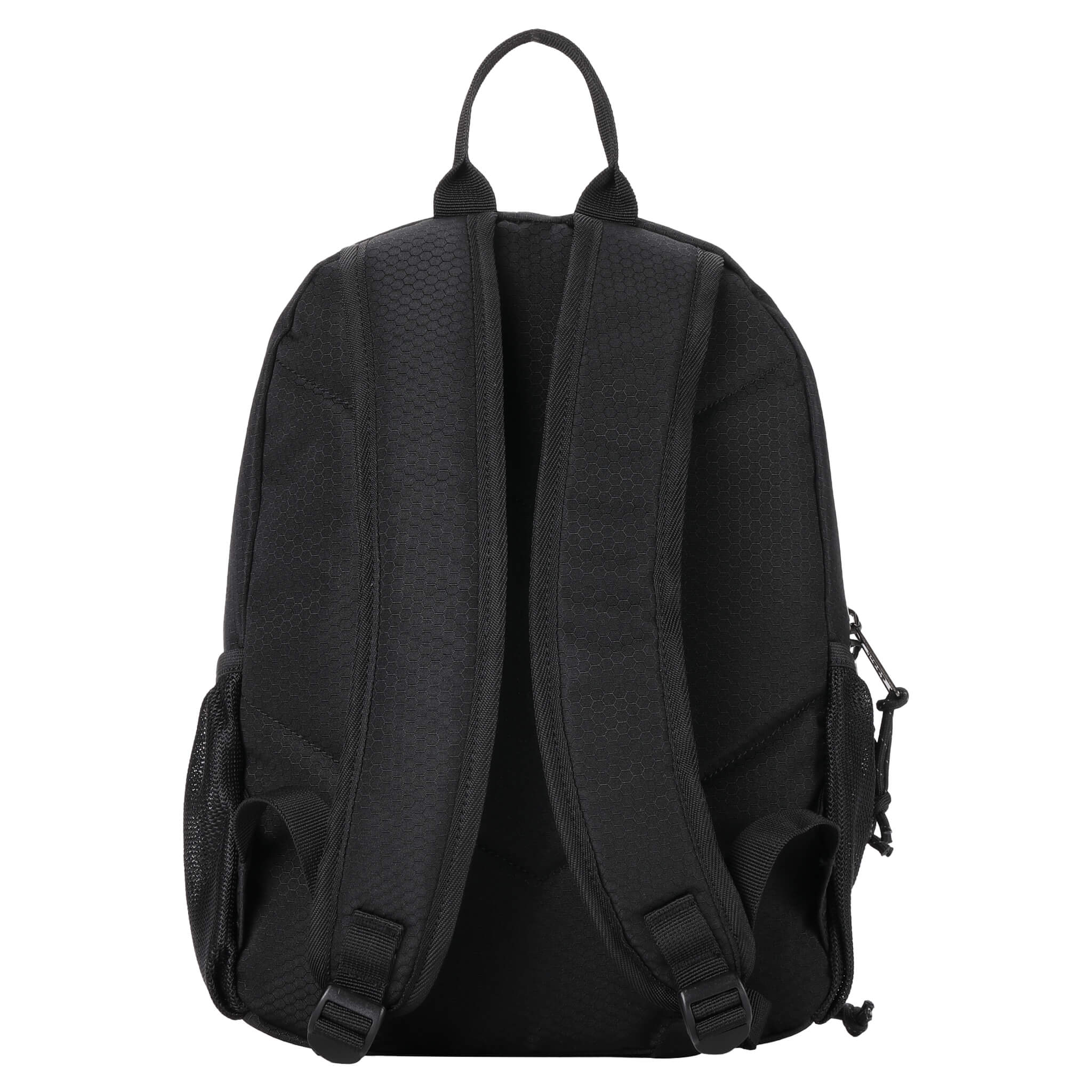 Small black Troop London TB008 backpack with adjustable straps and multiple compartments, ideal for daily use.