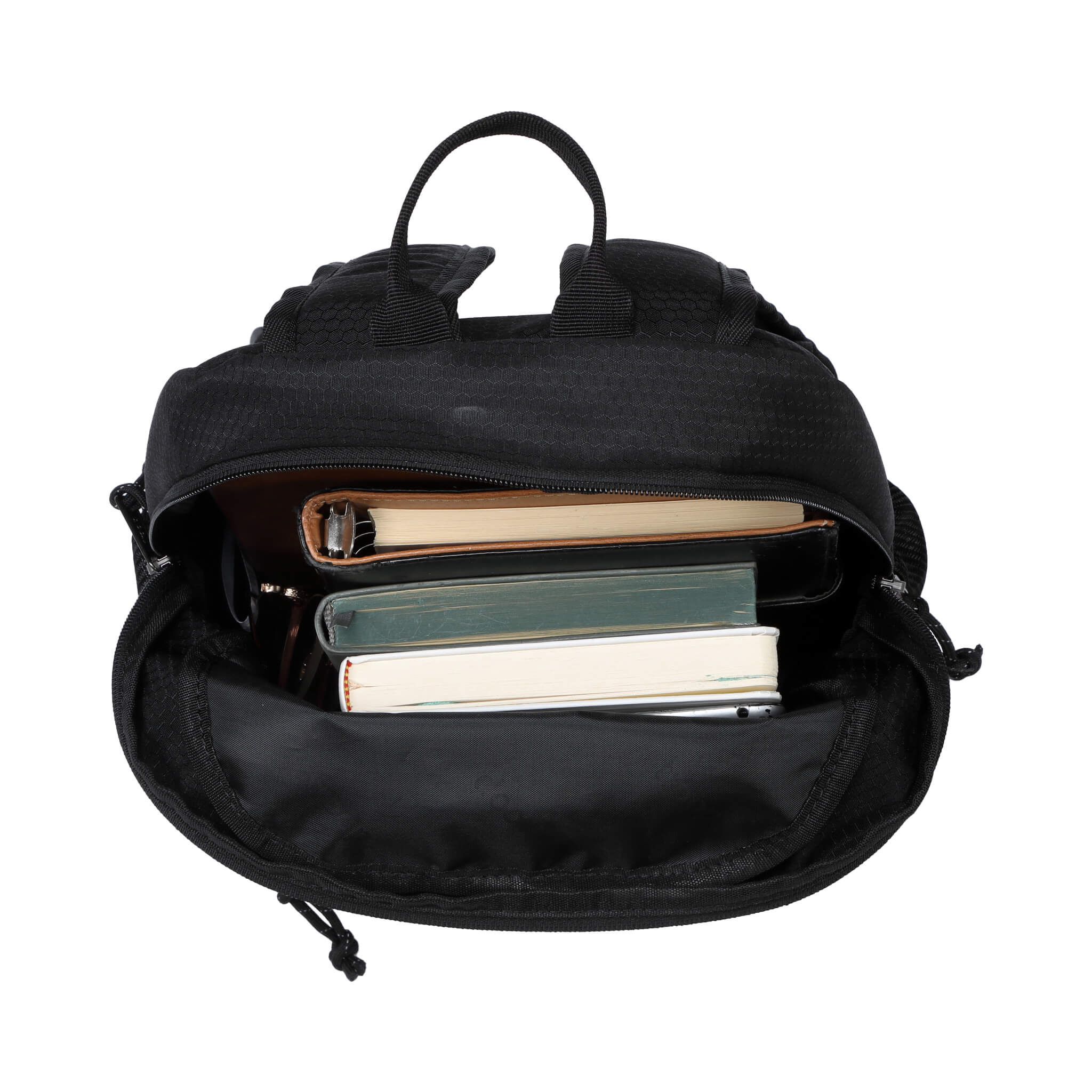 Black Troop London TB008 small backpack with adjustable straps and front pocket, showcasing its compact and stylish design.