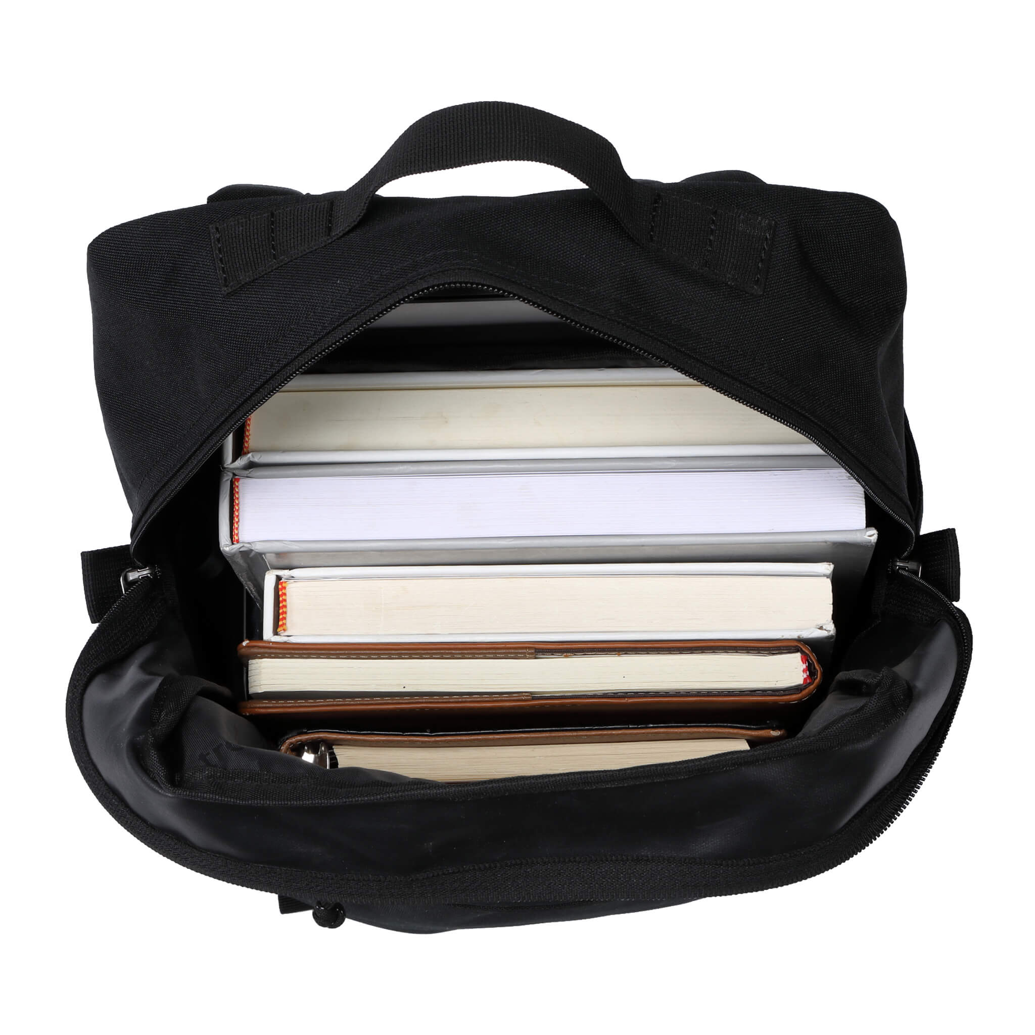 Black Troop London TB009 Daypack backpack with adjustable straps and multiple compartments, shown from the side view.