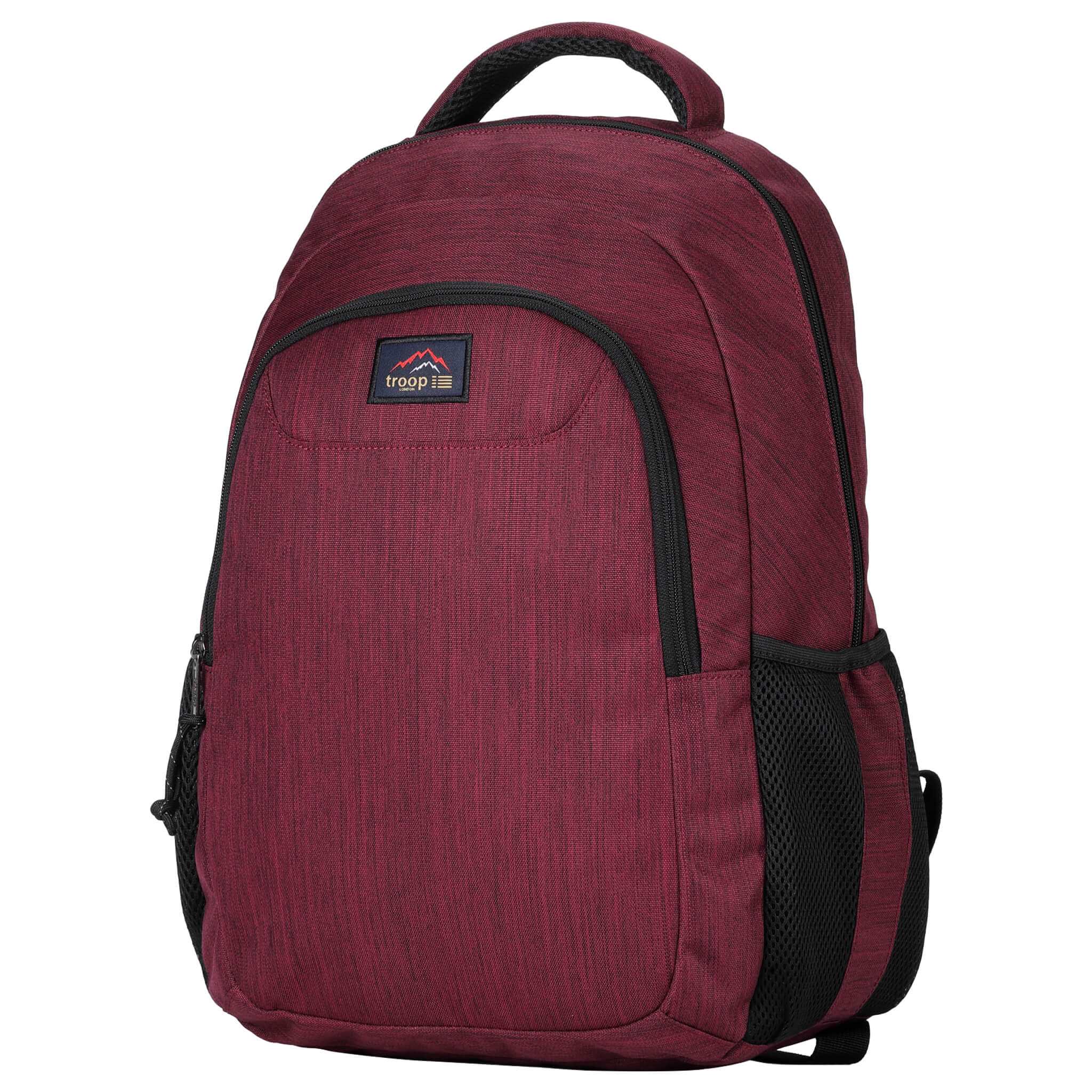 Troop London TB010 Daypack backpack in burgundy with adjustable straps and front zip pocket, side compartments for storage.