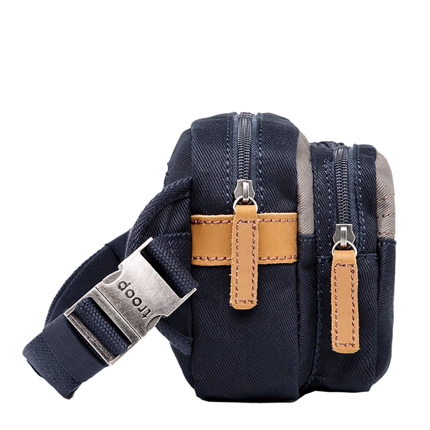 Troop London Heritage Waist Bag in navy grey with adjustable strap and multiple compartments for convenient storage.