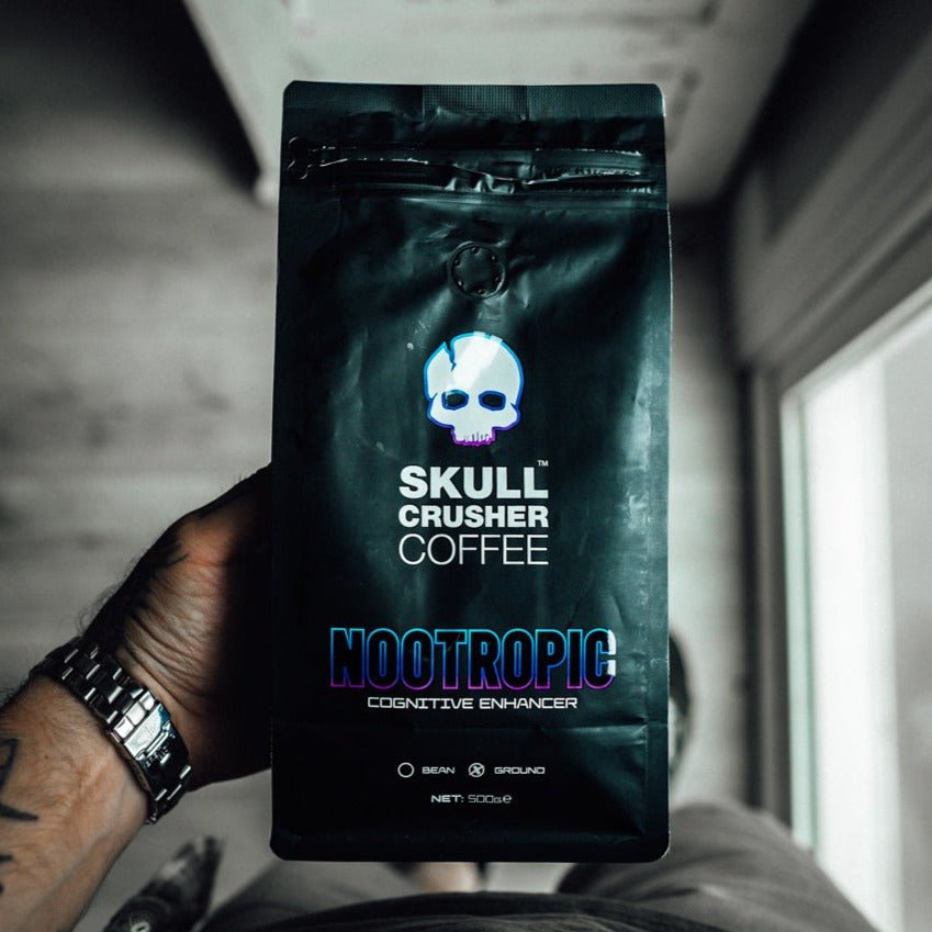 Skull Crusher Nootropic Coffee mug featuring a skull crusher design on a black ceramic cup, ideal for coffee and brain boost.