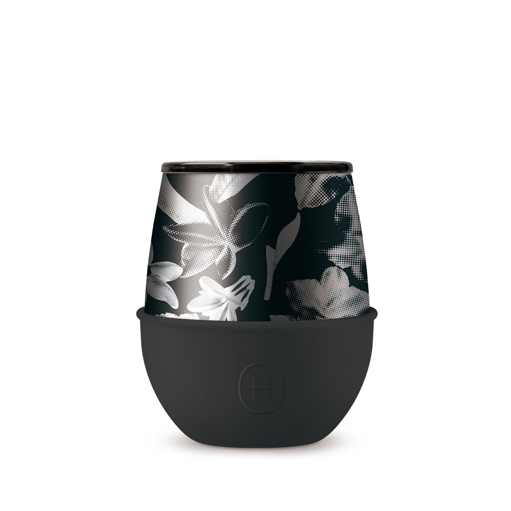 HYDY 8 oz black halftone ink tumbler with sleek design, ideal for hot and cold beverages, featuring a durable stainless steel construction.