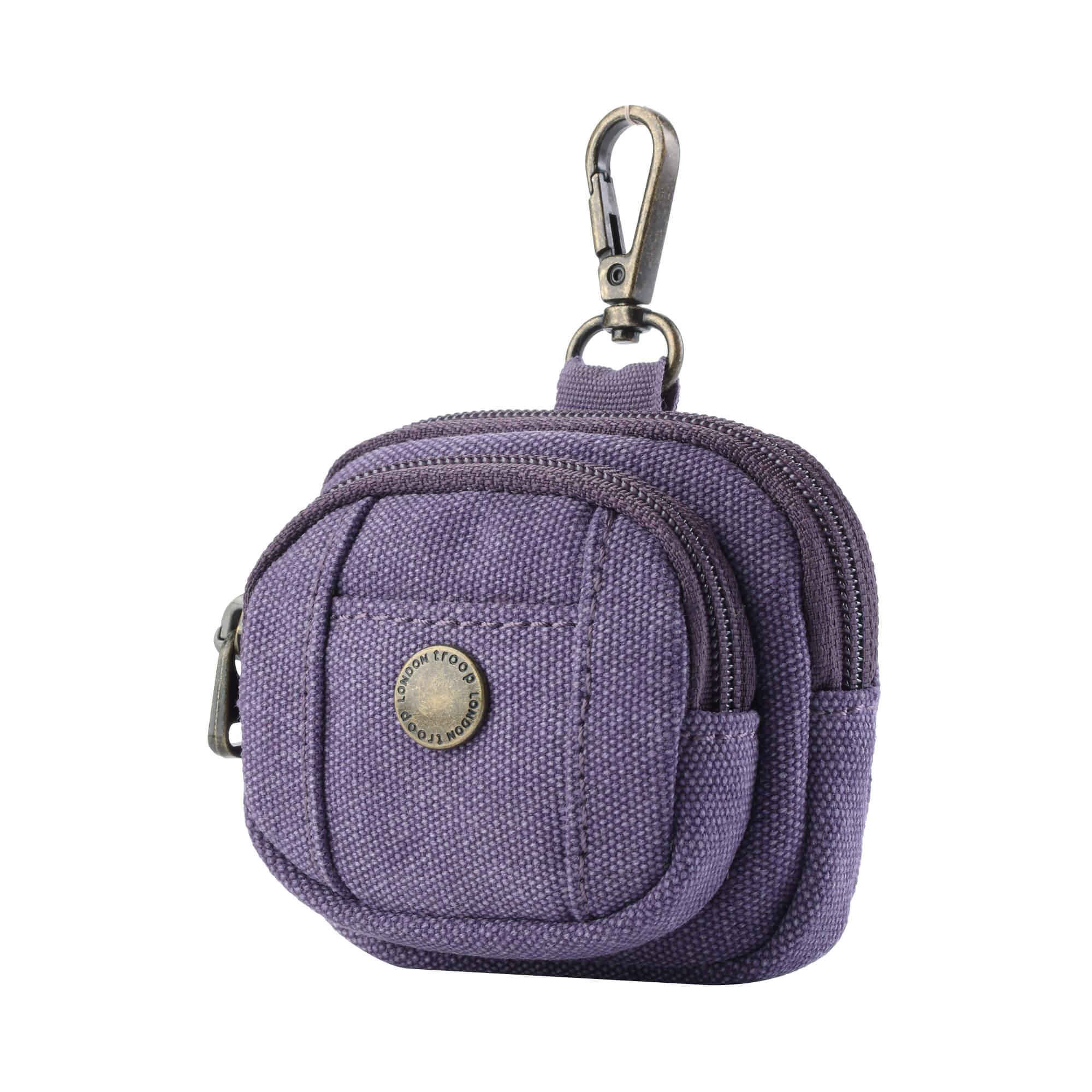 Purple Troop London Exquisite Bag Charm accessory hanging from a handbag, showcasing detailed design and vibrant color.