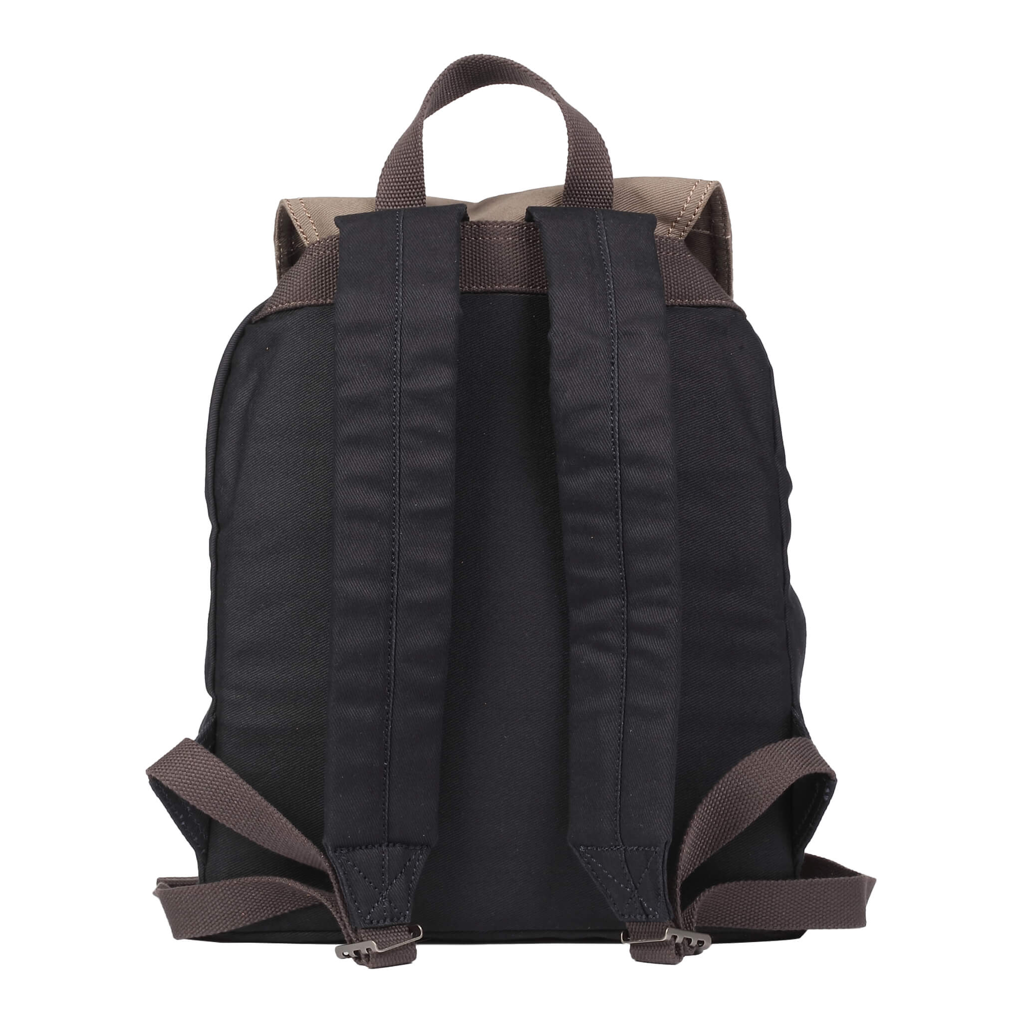 Troop London heritage drawstring backpack in navy gray with leather accents and adjustable straps.