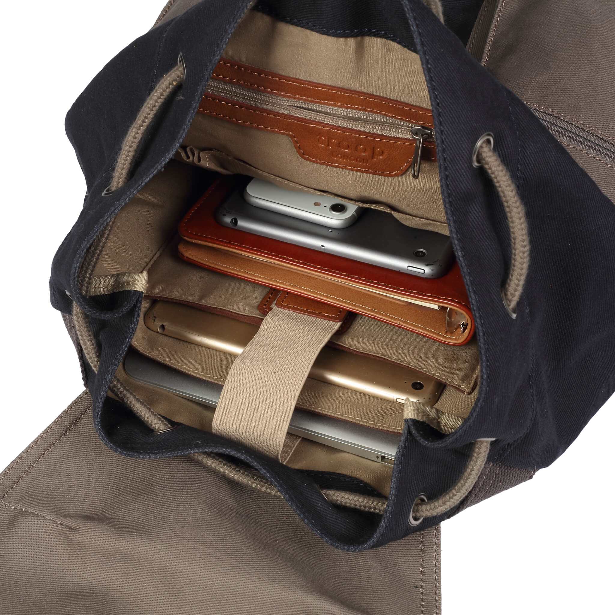 Troop London TL-6 Heritage Navy Grey drawstring backpack with adjustable straps and front pocket.