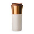 Bronze gold HYDY travel mug with eucalyptus design, 15 oz stainless steel insulated mug for hot and cold beverages.