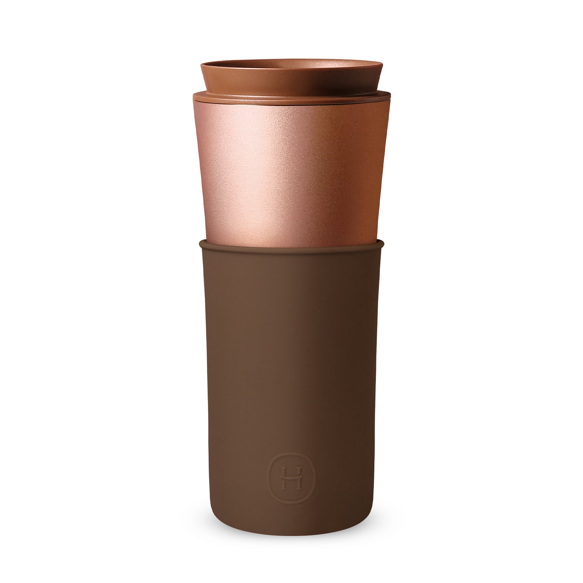 HYDY Cedar Travel Mug in mocha color, 15 oz, with a sleek design and spill-proof lid for hot beverages on the go.