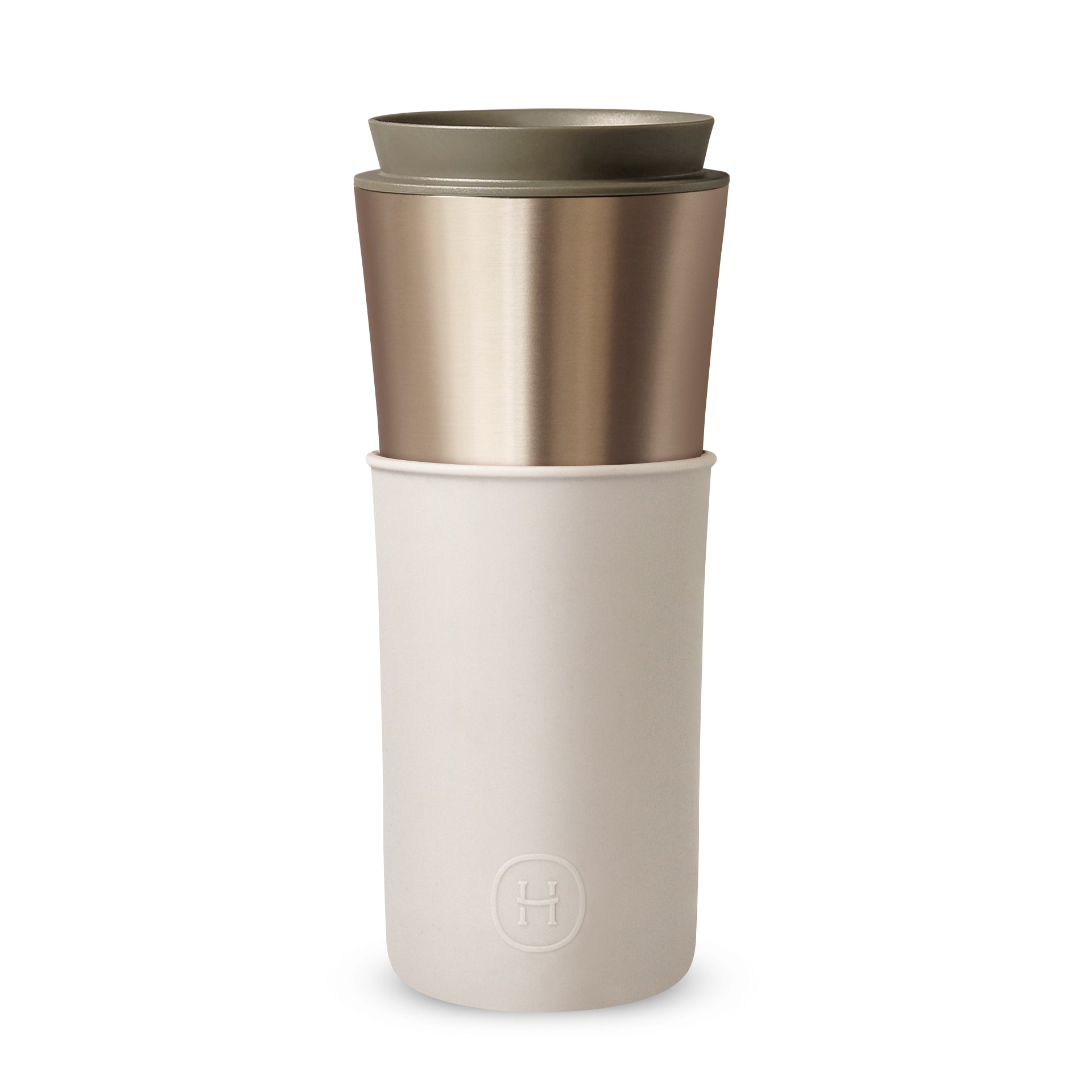 HYDY metallic fir eucalyptus travel mug, 15 oz, with a sleek silver finish and eco-friendly design, ideal for hot beverages on the go.