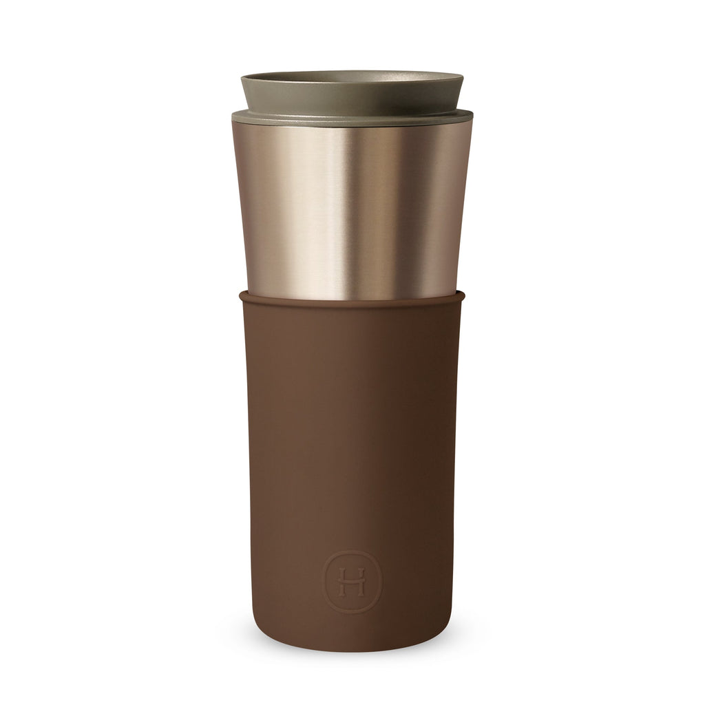 HYDY Metallic Fir Mocha Travel Mug, 15 oz, with a sleek mocha-colored exterior and spill-proof lid, ideal for hot beverages.