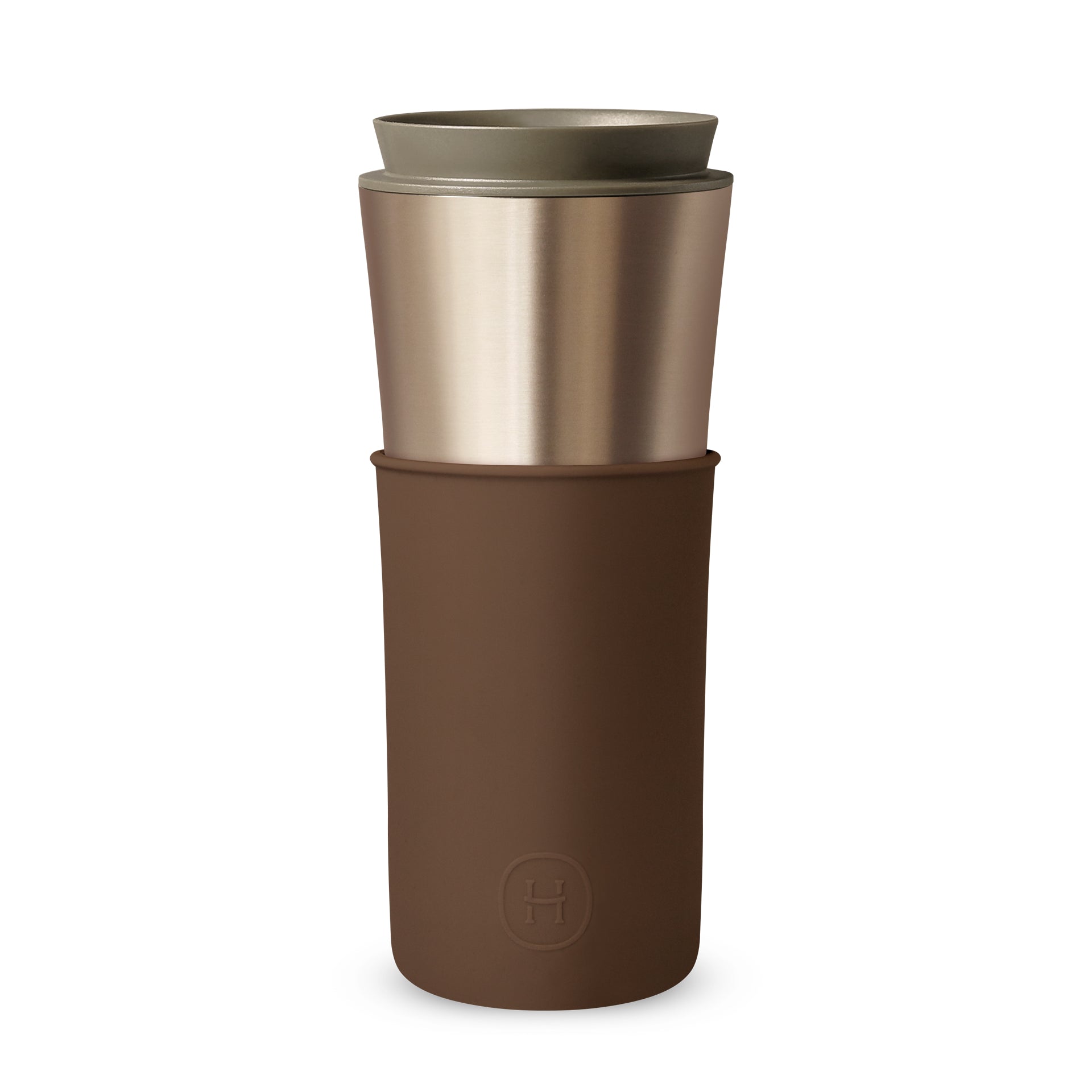 HYDY Metallic Fir Mocha Travel Mug, 15 oz, with a sleek mocha-colored exterior and spill-proof lid, ideal for hot beverages.