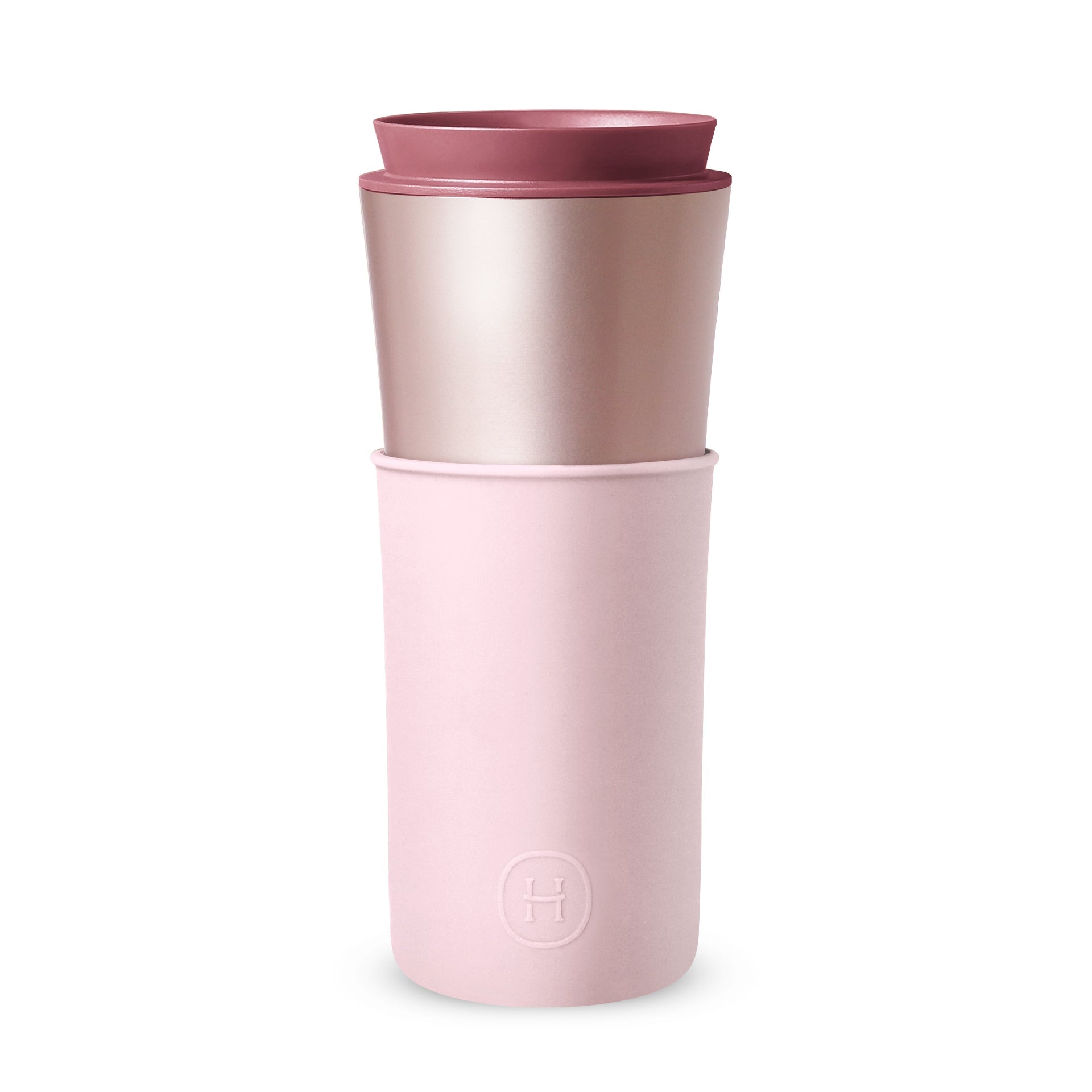 Pink travel mug with cherry blossom design, 15 oz size by HYDY, featuring a floral pattern on a ceramic or stainless steel mug.