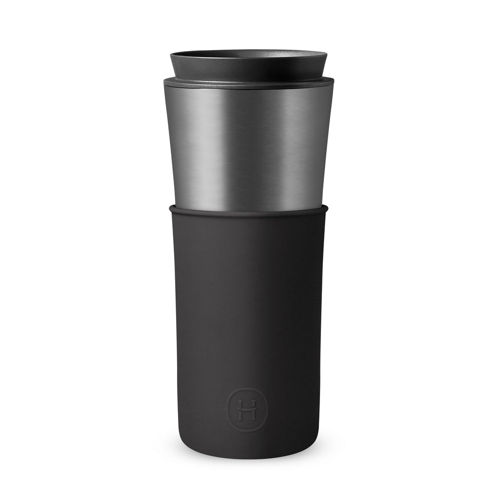 Titanium grey and ink black HYDY 15 oz travel mug with a sleek design and spill-proof lid, ideal for hot and cold beverages.