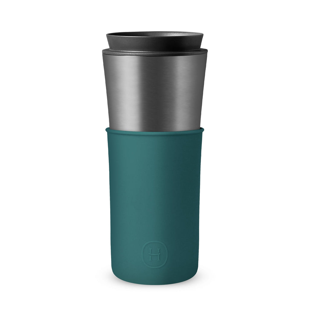 Titanium grey travel mug with peacock green lid, 15 oz capacity, by HYDY, showing a close-up of the stylish, insulated travel mug.