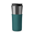 Titanium grey travel mug with peacock green lid, 15 oz capacity, by HYDY, showing a close-up of the stylish, insulated travel mug.
